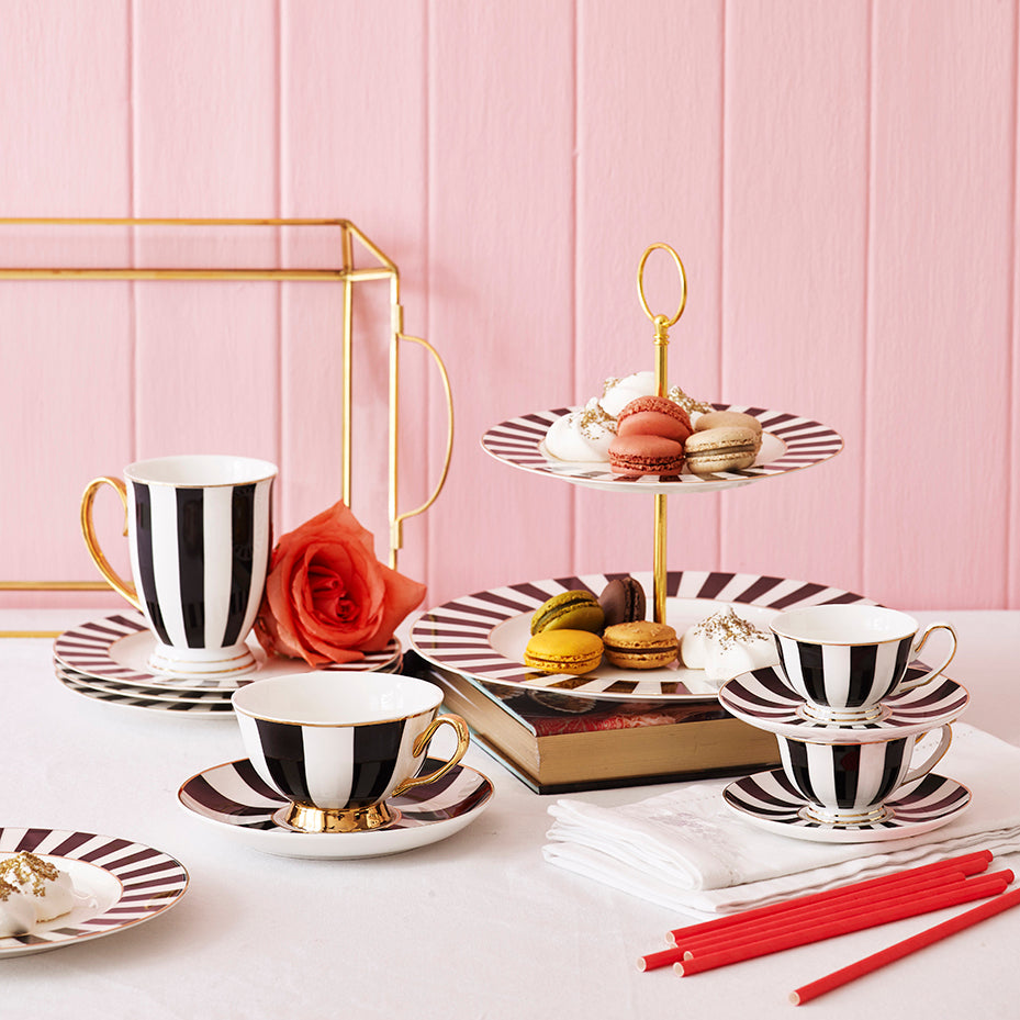 Bombay Duck Stripy Black White and Gold Mini Tea Cup and Saucer